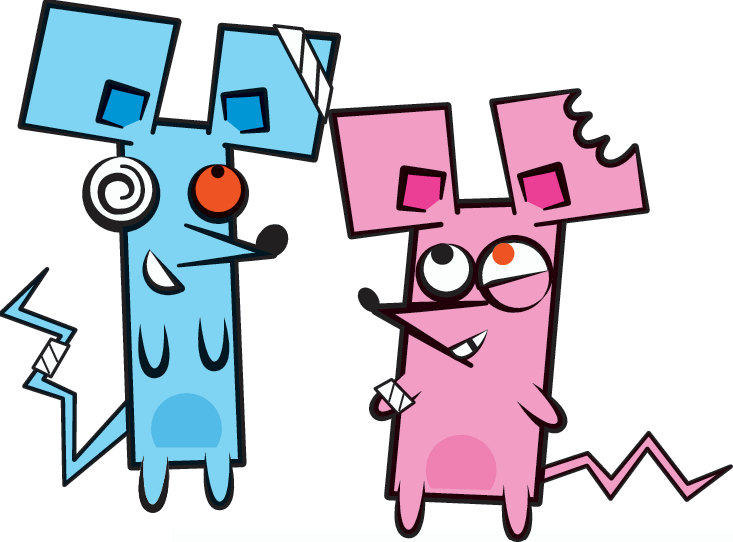 Eddi and Joules, the cartoon blue and pink mice from NRG Mission