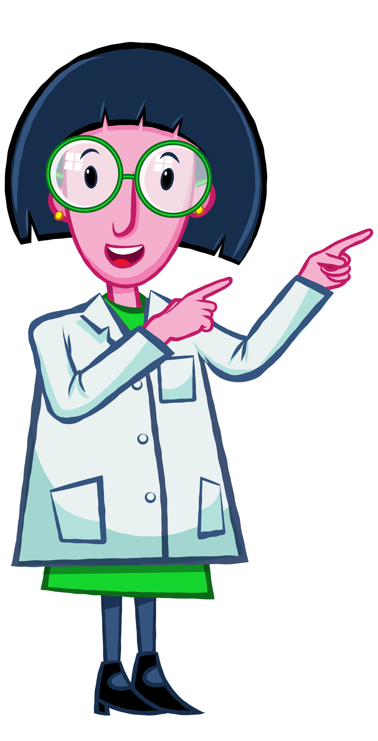 The Prof, the NRG Mission cartoon scientist in a lab coat, smiling and pointing
