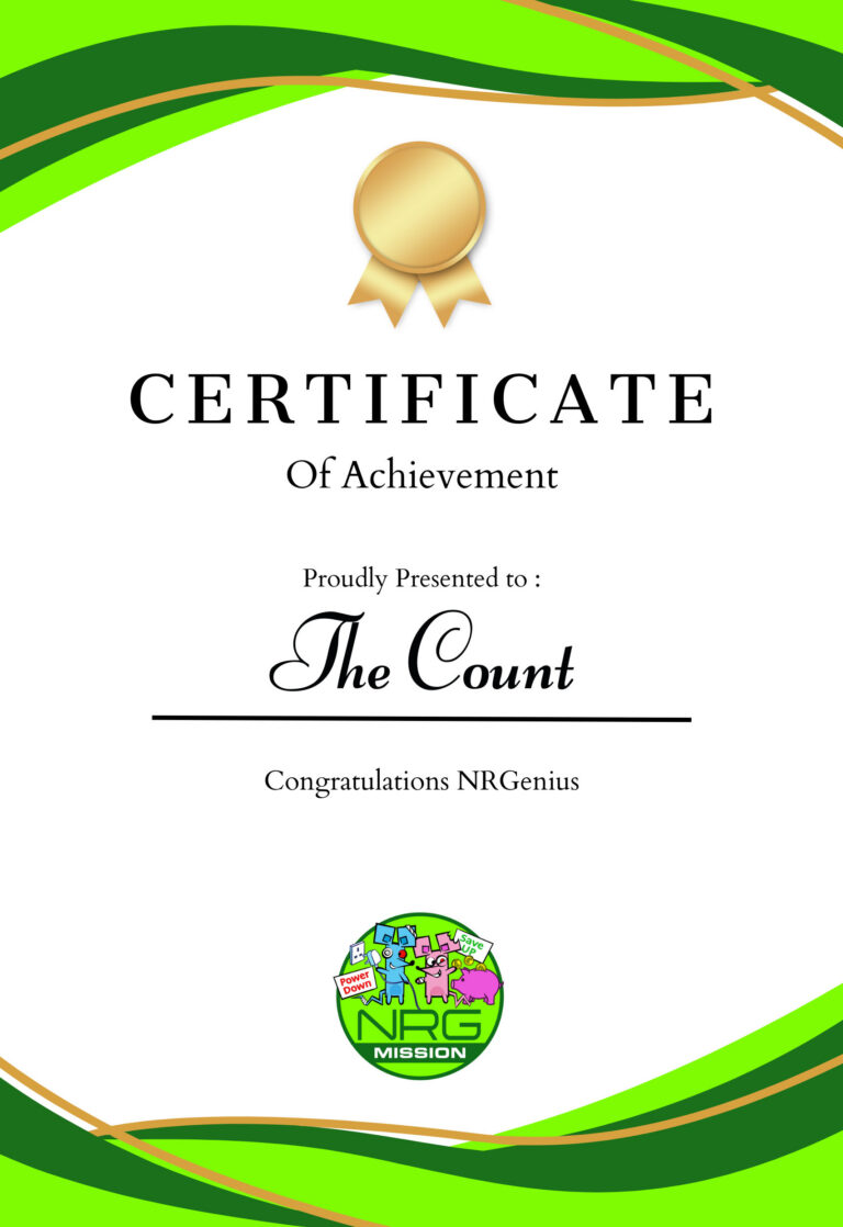 NRG Mission certificate of achievement presented to The Count: Congratulations NRGenius